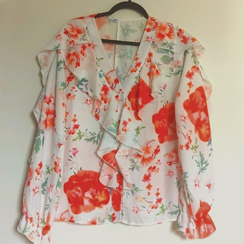 Floral Ruffle Women's Top - Orange and White XL - Picture 3 of 11